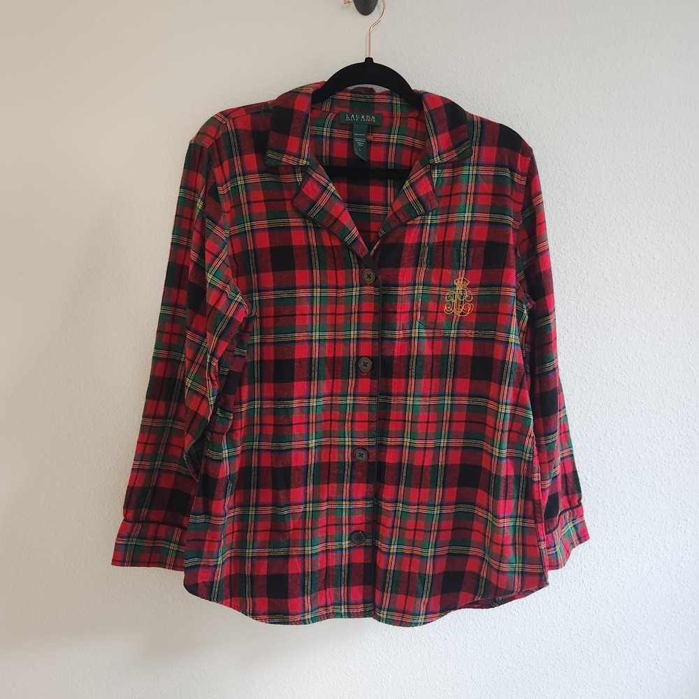Lauren Ralph Lauren Womens Red Tartan Plaid Cotton Flannel Pajama Top size Large